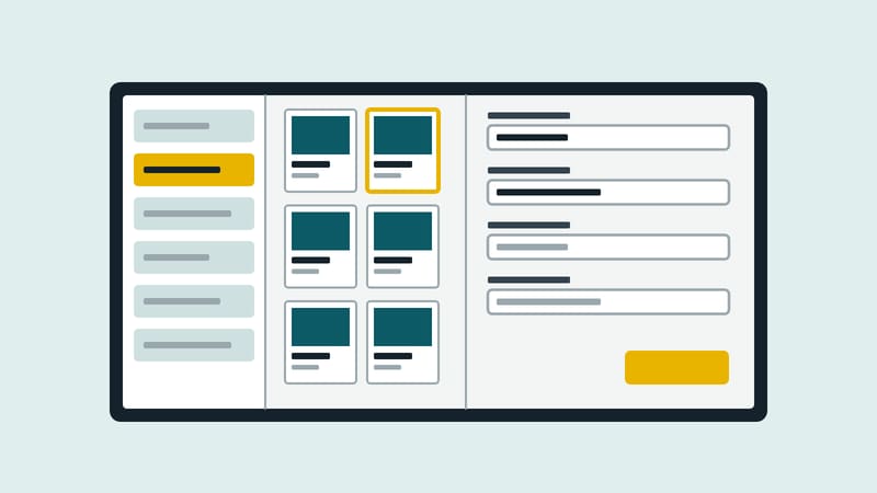 Three-column view: template list, variants and a fill-in sheet with input fields